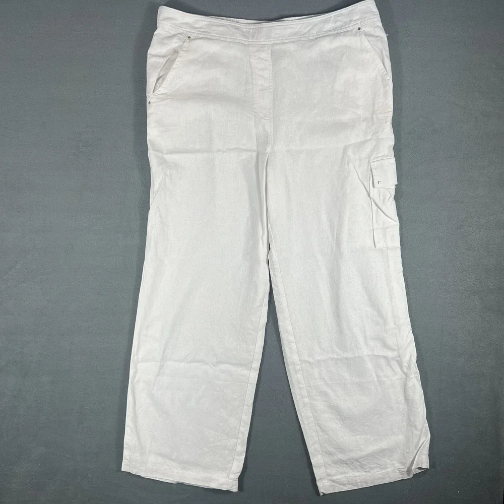 Zac & Rachel Women's XL White Linen Blend Cargo Pants Elastic Waist Pull On